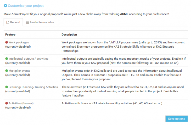 AdminProject customisation features