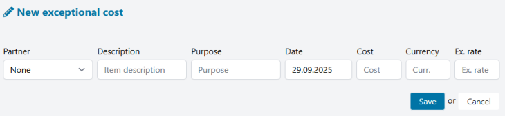Exceptional Costs section on AdminProject platform