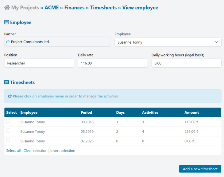 Timesheet section on AdminProject platform