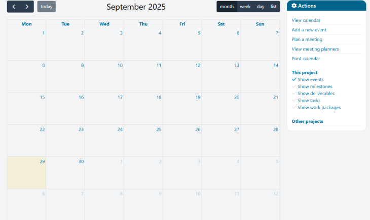 Calendar view on AdminProject platform