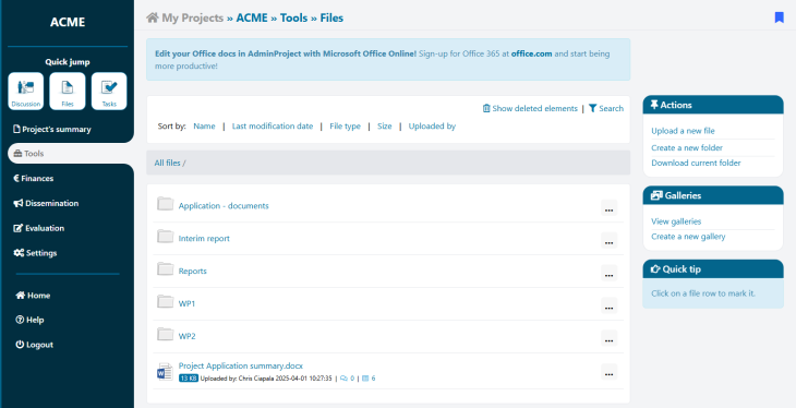File section on AdminProject platform