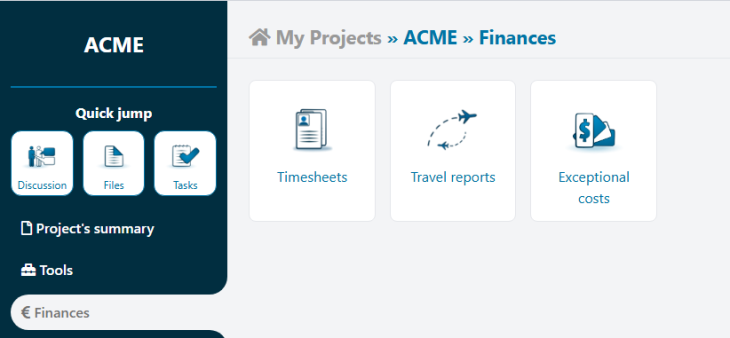 finances section on AdminProject platform