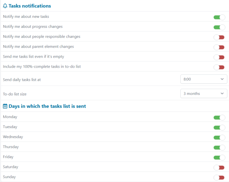 Notification list settings on AdminProject platform