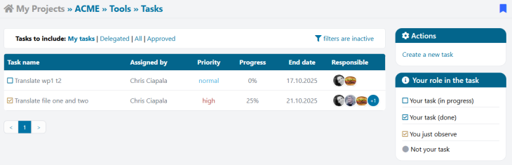 View of all tasks on AdminProject platform